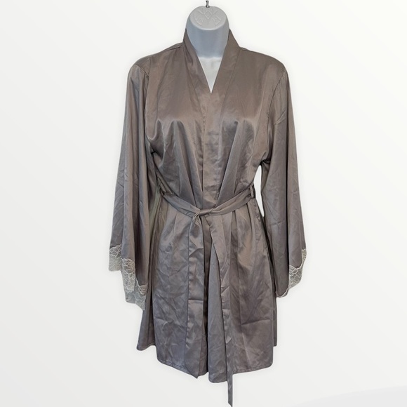 Jezebel Satin Feel And Lace Detail Robe in Grey - Picture 1 of 6